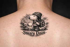 Snoopy with saying Sneary Dawn tattoo idea