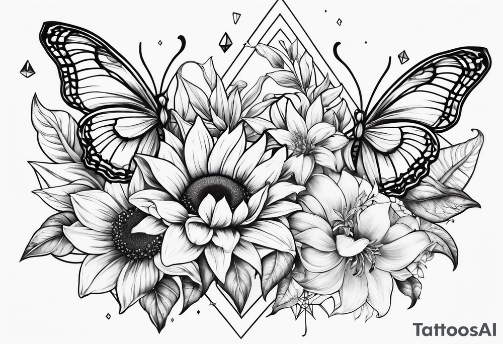 Small cluster containing sunflowers, lilies, diamonds and butterflies tattoo idea
