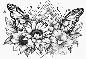 Small cluster containing sunflowers, lilies, diamonds and butterflies tattoo idea