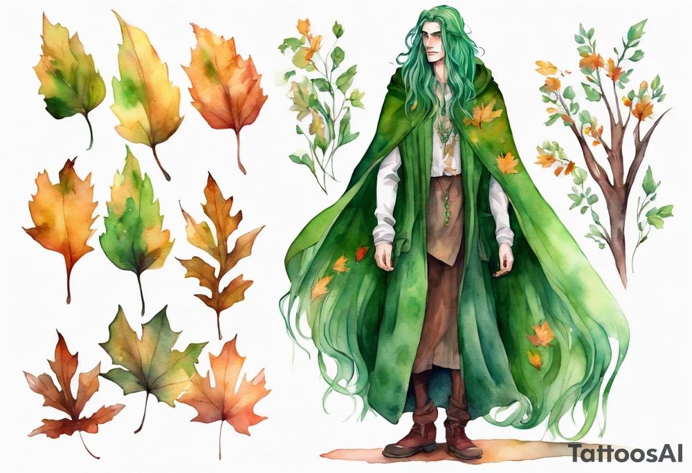 A tall, beautiful 19 year old man with autumn leaves in his long green hair, green skin and a cloak covered with flowers. tattoo idea