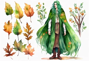 A tall, beautiful 19 year old man with autumn leaves in his long green hair, green skin and a cloak covered with flowers. tattoo idea