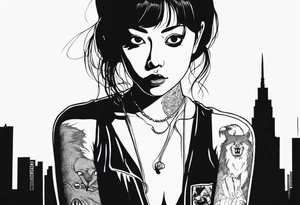 portrait of tomie standing up a character by the horror author junji ito full body standing menacingly.  a mole below her left eye.  add more horror and gore elements tattoo idea