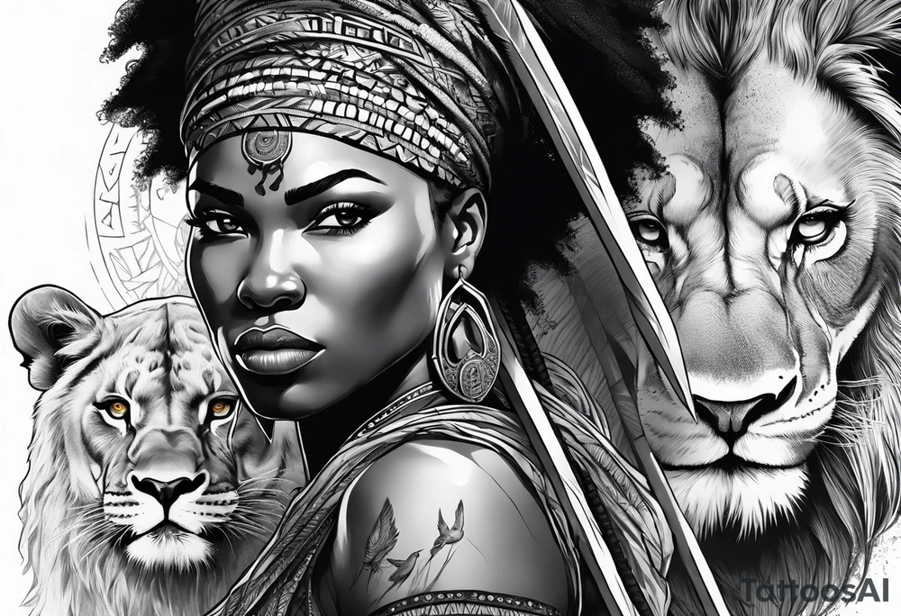 African woman warrior holding a spear with a mean look on her face with birds in the background and lion tattoo idea