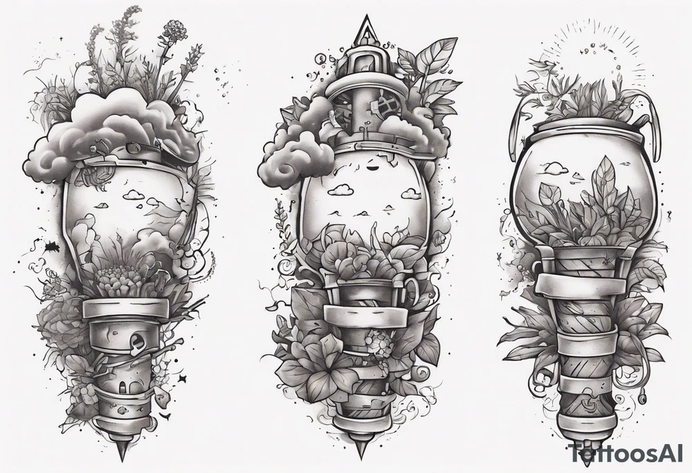 a forearm tattoo with a cloud with little plants and underneath it the date 12.08.05 tattoo idea