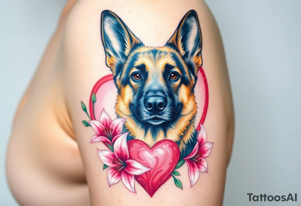 realistic german shepherd with alert ears looking protective with pink lilies in front of a sacred heart tattoo idea