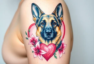 realistic german shepherd with alert ears looking protective with pink lilies in front of a sacred heart tattoo idea