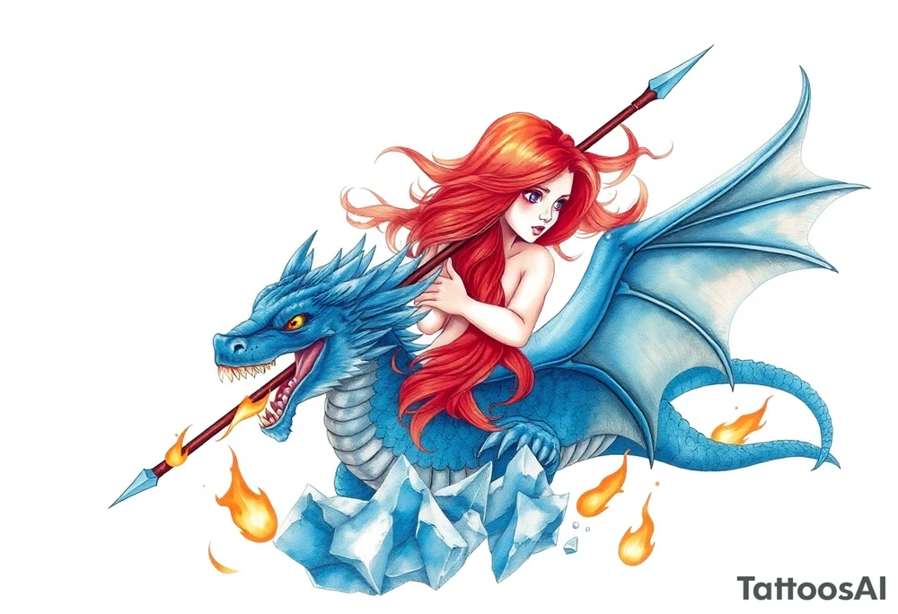 Redheaded girl with a spear through a blue dragon who is breathing fire with wings spread and flying over ice and flames tattoo idea
