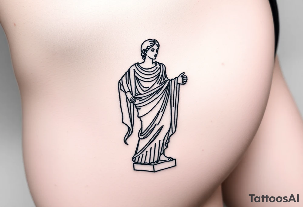 outer thigh tattoo greek sculpture female, fine line tattoo idea
