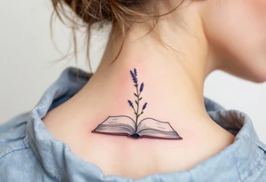 A small lavender sprig growing from an open book, representing knowledge, growth, and serenity. tattoo idea