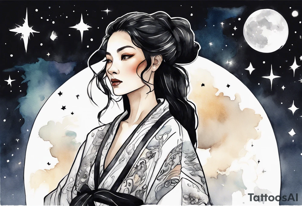 a beautiful black-haired middle-aged woman dressed in a black and white robe,  glowing in the night sky tattoo idea
