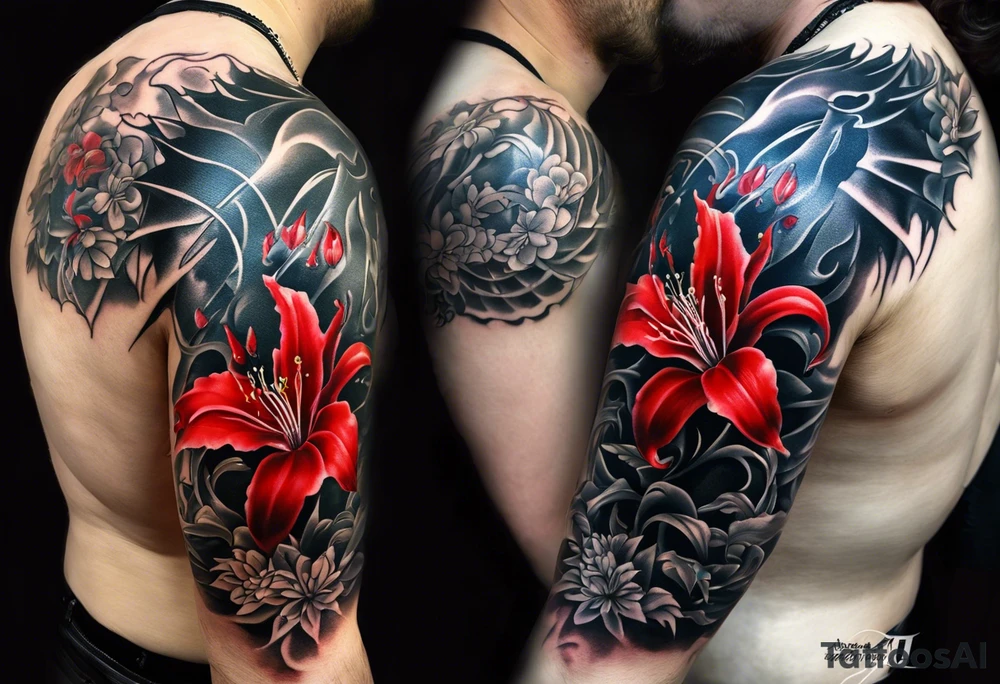 Arm Tattoo Black and white dragon as the focus. Red spider lillies as the background. Lightning. The words “ Νεχ ποσσυμ τεχυμ ωιωερε, νεχ σινε τε” tattoo idea