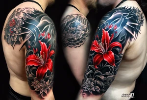 Arm Tattoo Black and white dragon as the focus. Red spider lillies as the background. Lightning. The words “ Νεχ ποσσυμ τεχυμ ωιωερε, νεχ σινε τε” tattoo idea