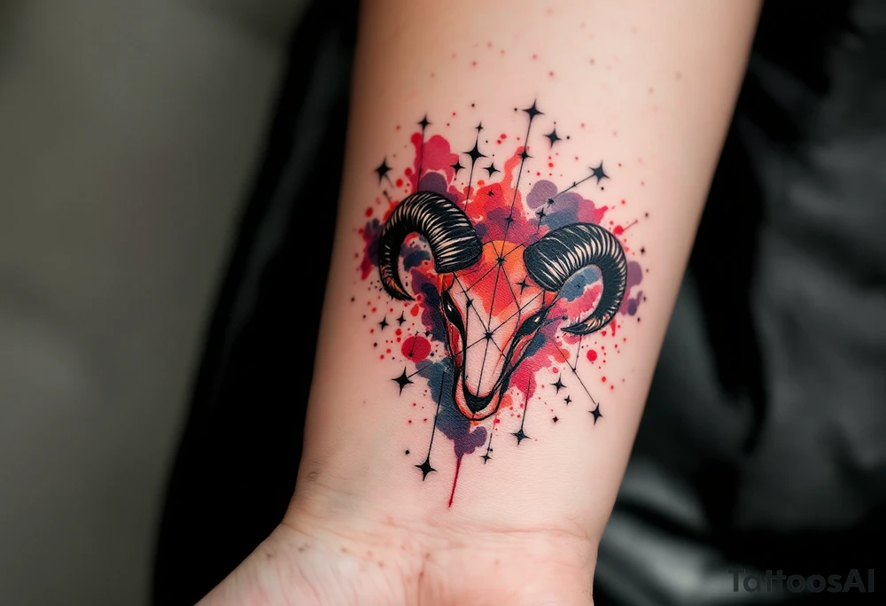 This Aries zodiac sign inspired tattoo uses deep black stars connected with silver lines over a red watercolor splash. tattoo idea