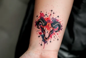 This Aries zodiac sign inspired tattoo uses deep black stars connected with silver lines over a red watercolor splash. tattoo idea