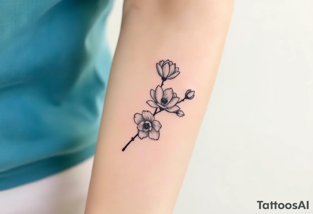 Long branch with magnolia flowers, in different blossom stages with botanical details, lines and dots tattoo idea