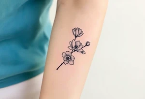 Long branch with magnolia flowers, in different blossom stages with botanical details, lines and dots tattoo idea