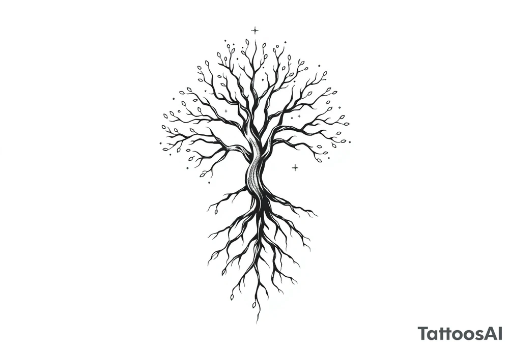mystical tree of life with cosmic roots and celestial branches tattoo idea