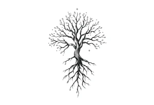 mystical tree of life with cosmic roots and celestial branches tattoo idea