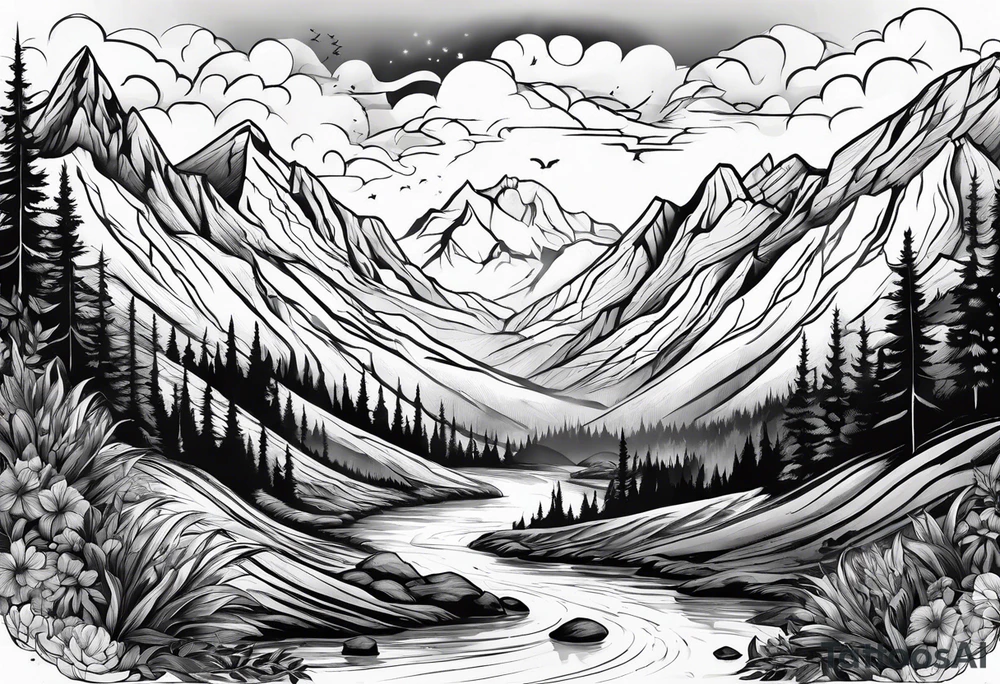 explosion in mountains tattoo idea