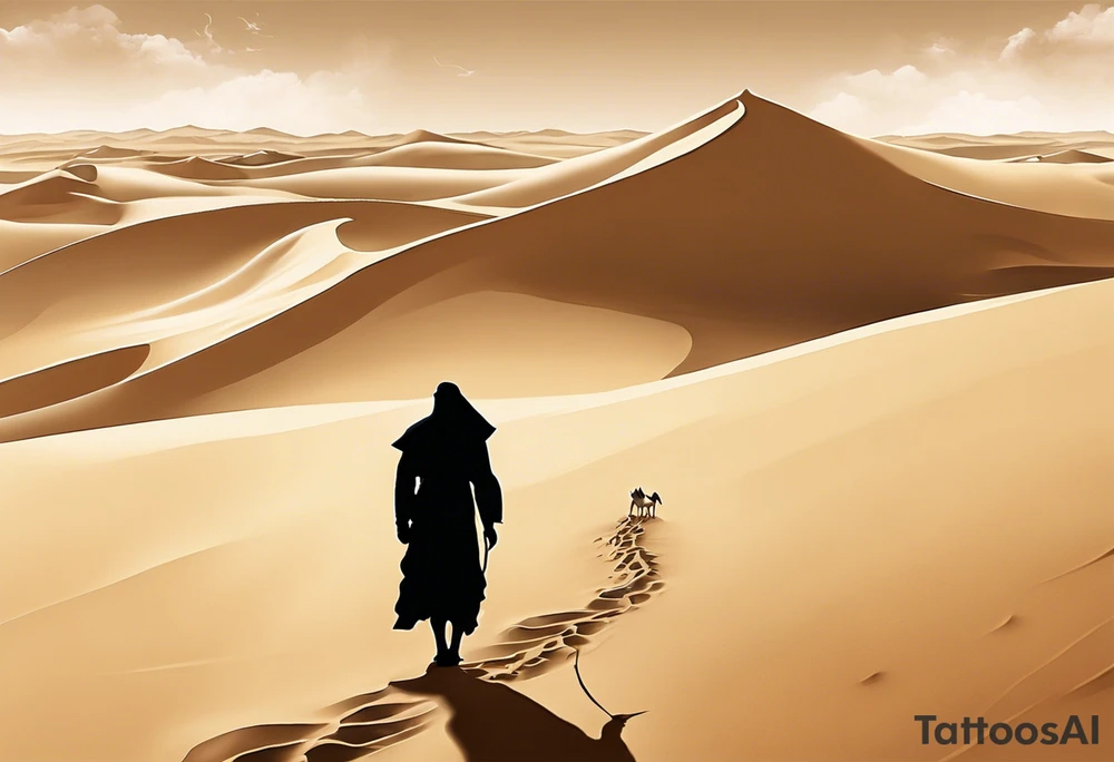 Design a tattoo depicting a distant view of a vast desert landscape with low, undulating sand dunes. Capture a man and his camel moving away, leaving footprints in the sand, both resilient against the harsh environment. The man covers his face with a long cloth, adding a sense of mystery and solitude to the scene. tattoo idea