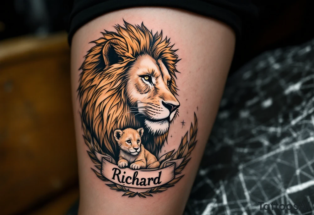 A lion and cub in sepia tones, symbolizing protection and legacy, with son´s name Richard. tattoo idea