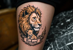 A lion and cub in sepia tones, symbolizing protection and legacy, with son´s name Richard. tattoo idea
