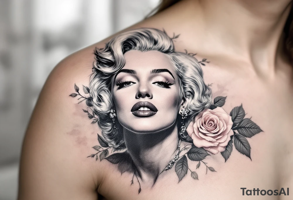 Grayscale Monroe portrait with a background of soft pastel roses in blush pink and lavender. tattoo idea