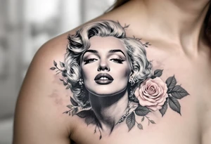Grayscale Monroe portrait with a background of soft pastel roses in blush pink and lavender. tattoo idea
