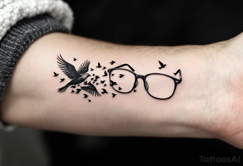 Glasses that turn into birds
The temples of the glasses smoothly turn into a flock of birds, which symbolizes freedom from the limitations that were previously caused by poor eyesight. tattoo idea