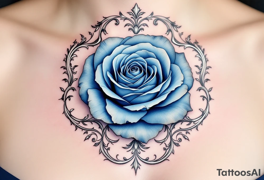 Blue rose in Art Nouveau frame, muted dusty blue petals with elegant, flowing metallic silver framing. tattoo idea
