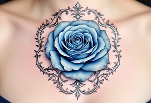 Blue rose in Art Nouveau frame, muted dusty blue petals with elegant, flowing metallic silver framing. tattoo idea