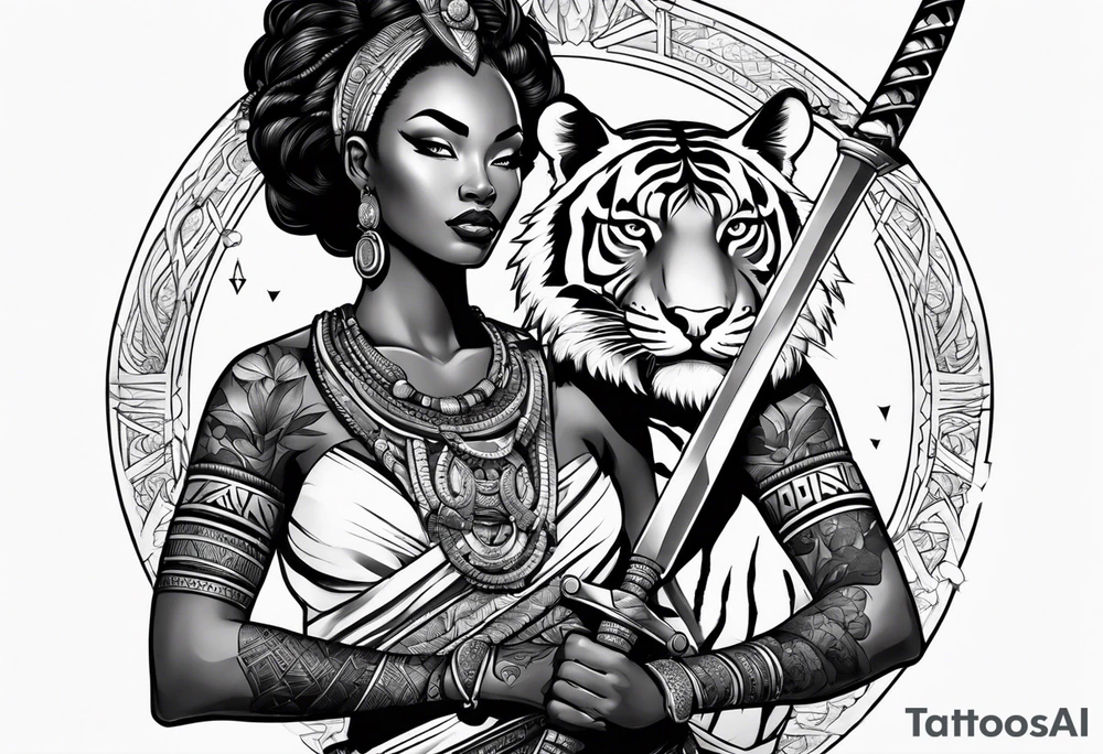 African goddess with sword and tiger Japanese traditional style full sleeve tattoo tattoo idea