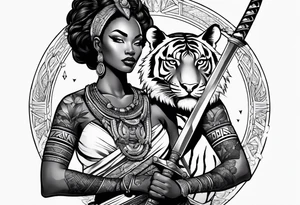 African goddess with sword and tiger Japanese traditional style full sleeve tattoo tattoo idea
