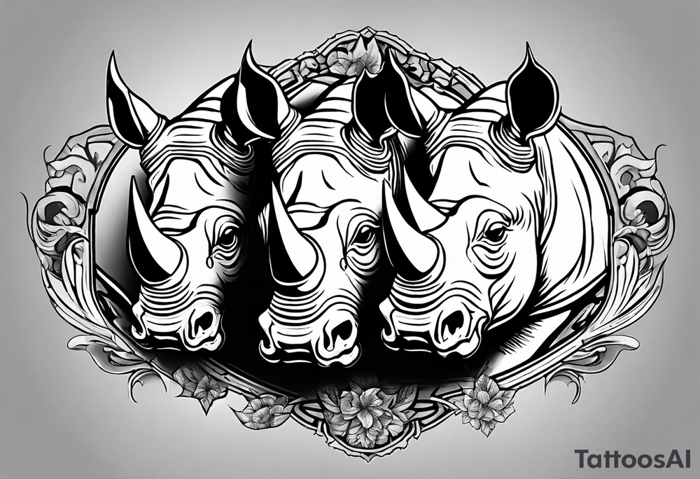 Rhino head split with a skull with black and white accents tattoo idea