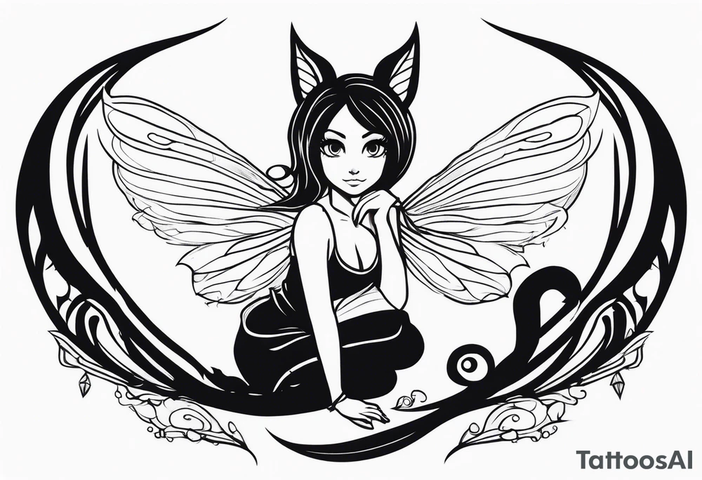 A fairy with a tail inspired by the logo of the show called Fairy Tail leaning in with her body tattoo idea