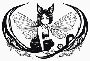 A fairy with a tail inspired by the logo of the show called Fairy Tail leaning in with her body tattoo idea