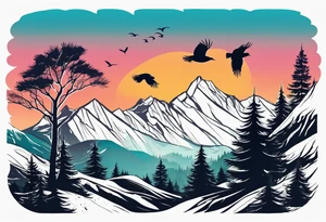 A mountain scape with trees. 5 silhouettes of birds. tattoo idea