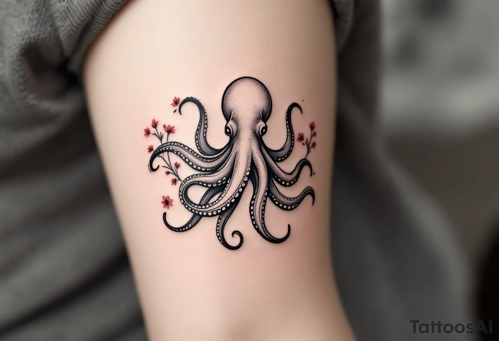 A small realistic black and grey tattoo of an octopus, cute, with detailed shading and soft linework, showing the octopus with swirling tentacles, on light skin. ornamental flowers around with red ink. The style is minimalistic and elegant, resembling fine-line tattoo with a shadow tattoo idea