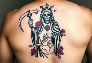 Santa muerte with a black robe. Holding her sythe and a scale. One food on the world and red roses placed in different areas. tattoo idea