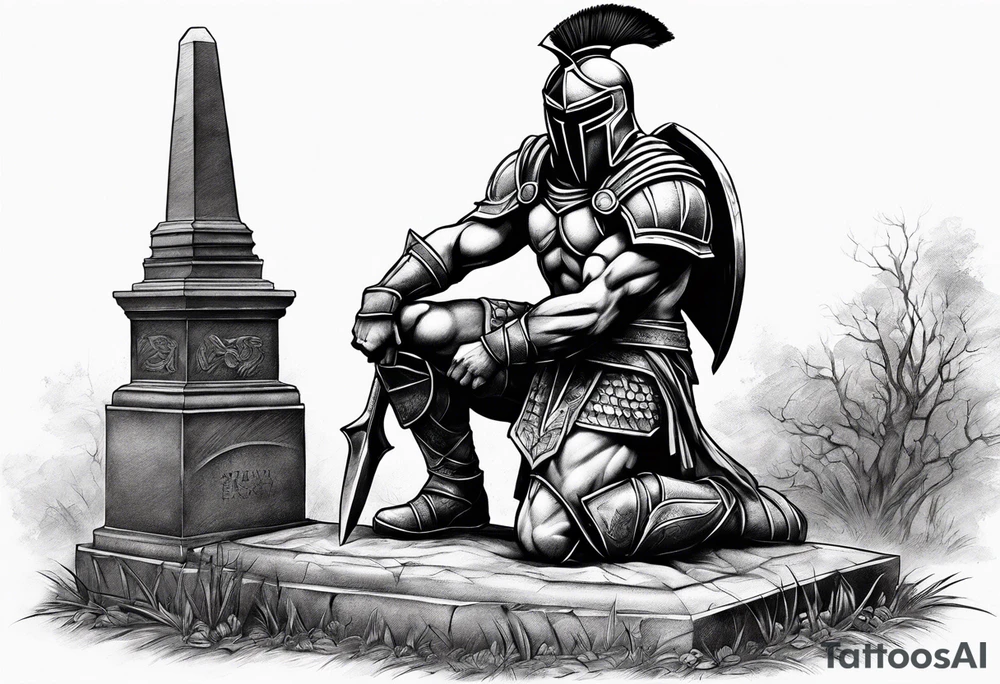 Spartan kneeling on a grave tattoo idea