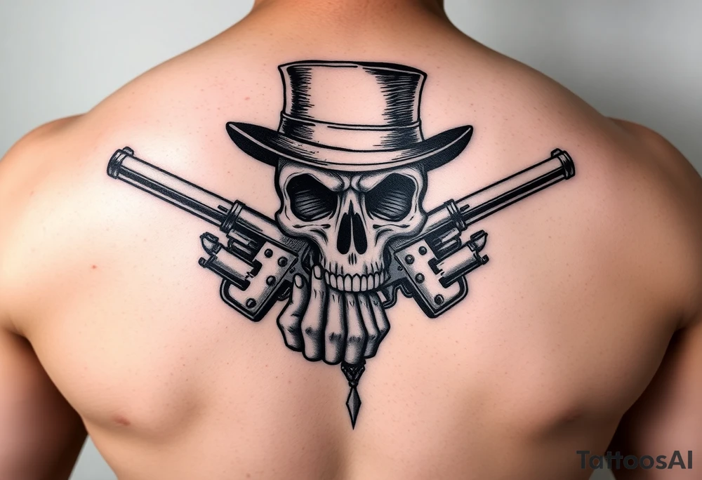 voodoo skull, top hat, dead mans card hand, six guns tattoo idea