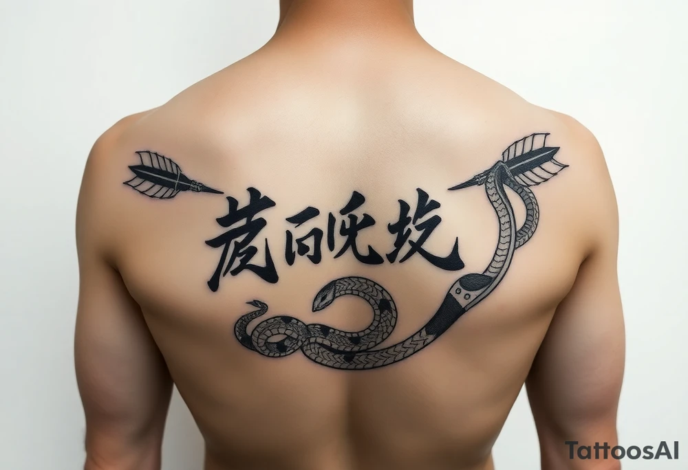 japanese writing with bow and arrow with snake wrapped around on chest tattoo idea