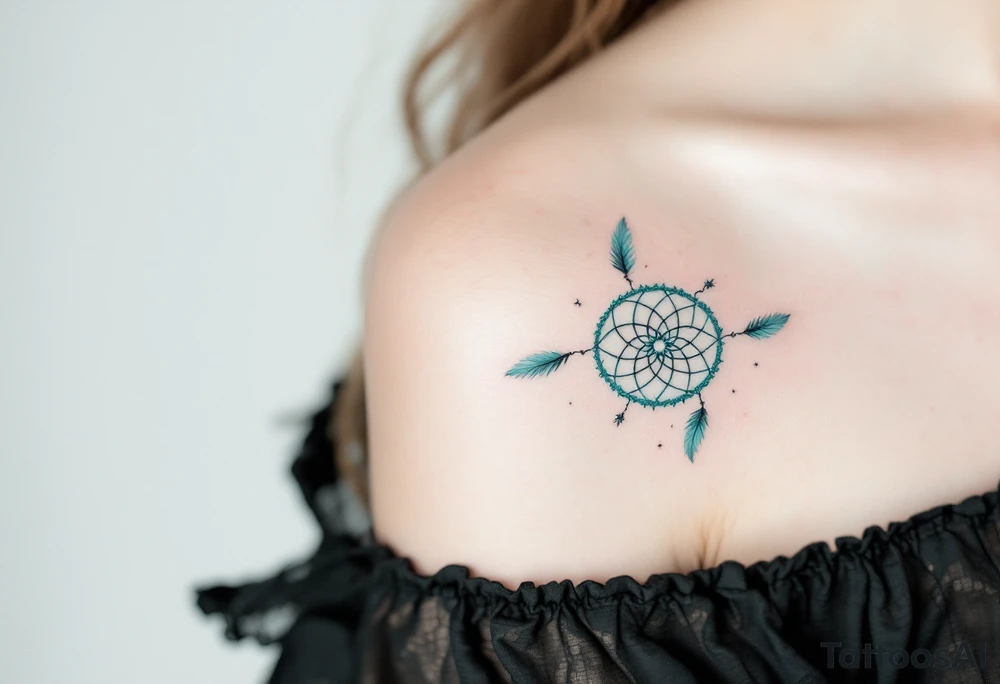 Verunka encircled by a light teal dreamcatcher, with tiny feathers. tattoo idea