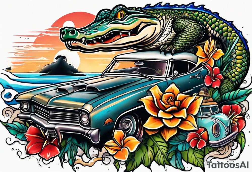 Tattoo representing the state of Florida with the beach, gators and some mechanic attributes tattoo idea