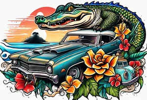 Tattoo representing the state of Florida with the beach, gators and some mechanic attributes tattoo idea
