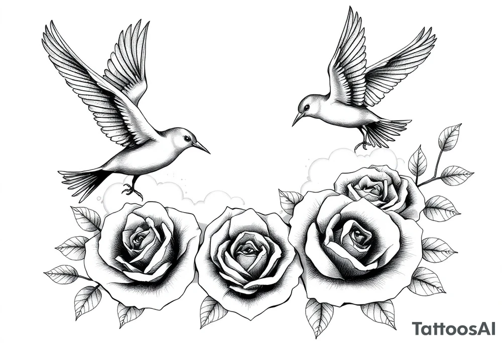 Birds clouds and roses tattoo idea