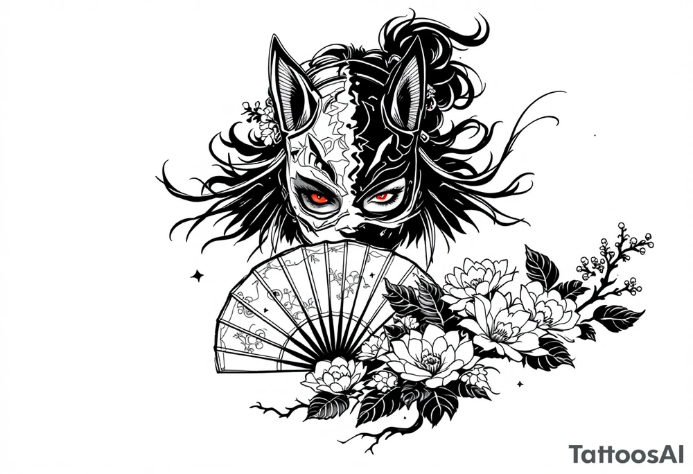 Woman samurai with red eyes wearing an half and broken kitsune mask, holding a japanese fan with Belamcada flowers tattoo idea