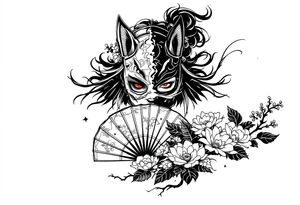 Woman samurai with red eyes wearing an half and broken kitsune mask, holding a japanese fan with Belamcada flowers tattoo idea