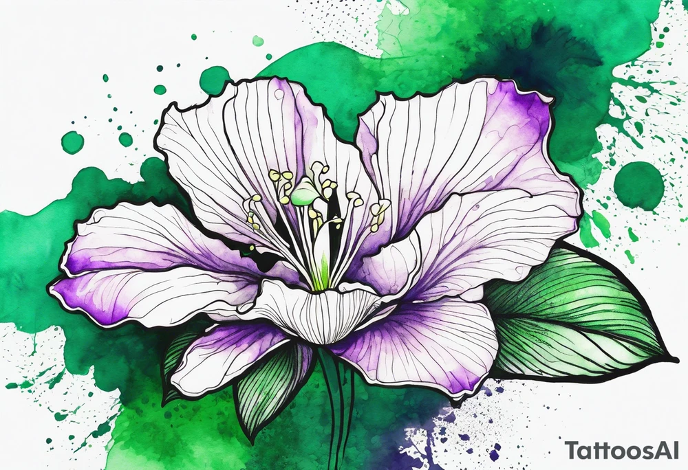 An outline of a green rio dipladenia flower and a green and purple watercolor splash in the background tattoo idea