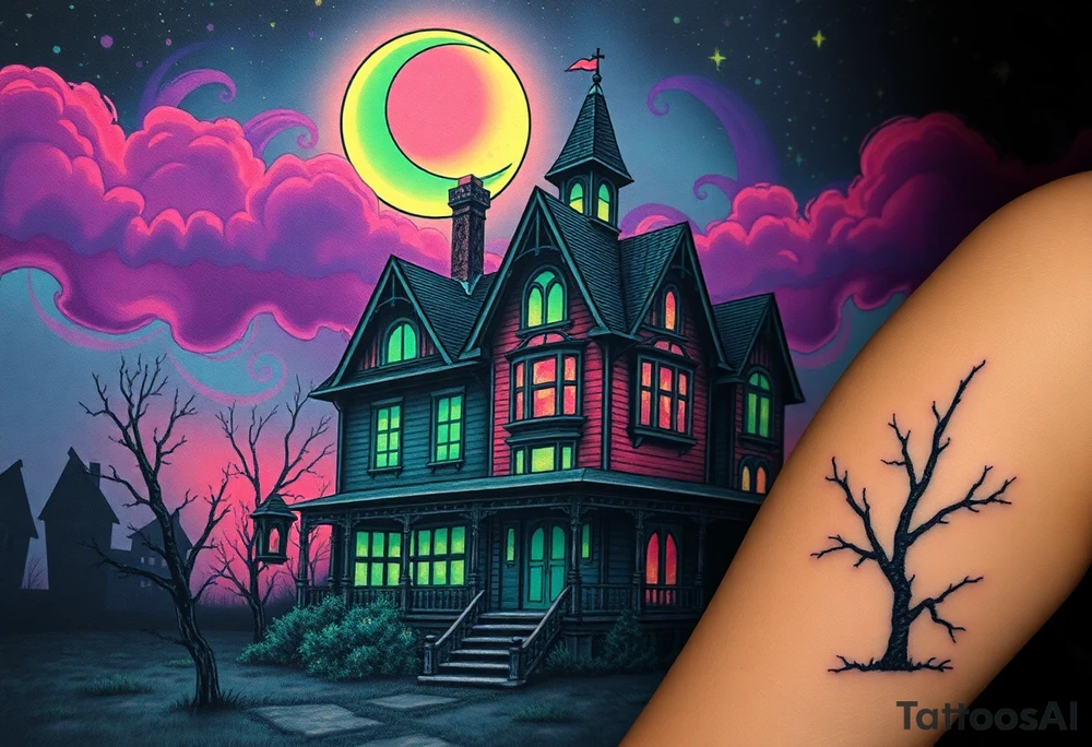 Tim Burton’s haunted victorian home is abandoned and dripping with muted reds, dusty pinks, and eerie green glow.purple and cyan smokey clouds swirl in the crescent moonlit sky thats sprinkled with stars tattoo idea tattoo idea